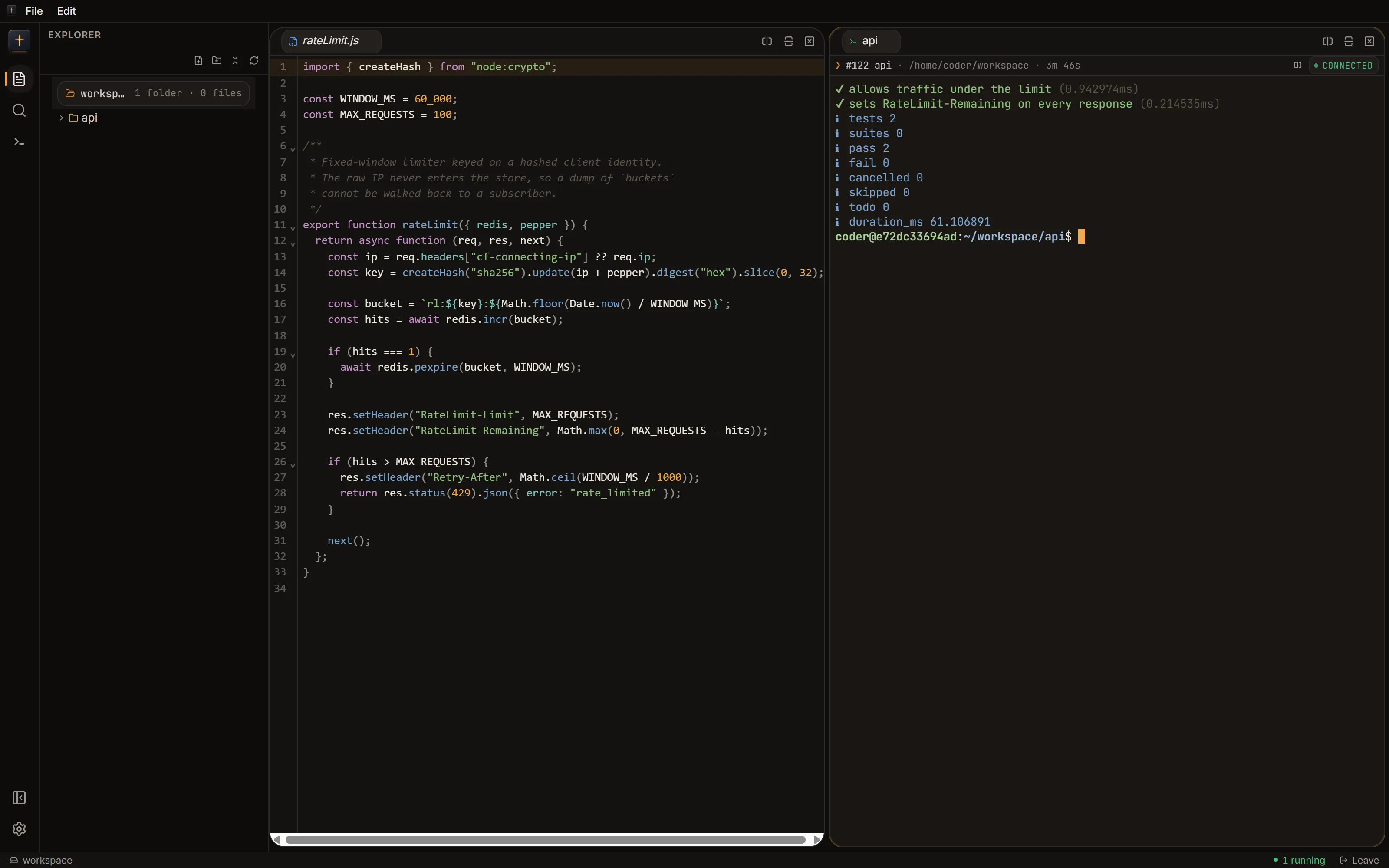 The HolyCode Cloud workstation in a browser: a file tree, rateLimit.js open in the editor, and a connected terminal session showing two passing tests.